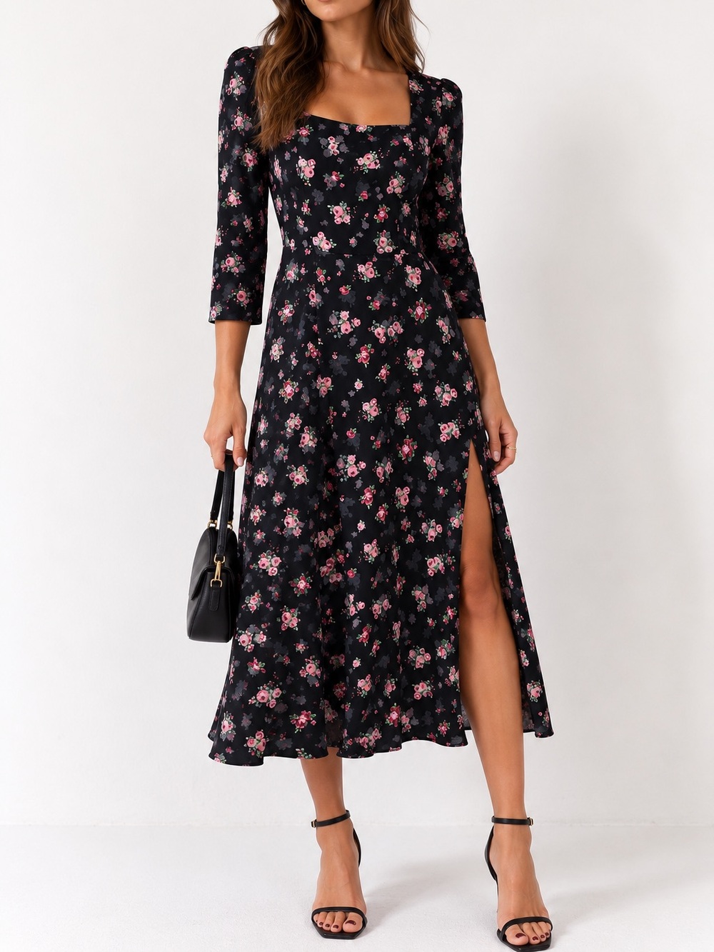 NWT Alexia Admor Black Midi Dress with Pink Floral Print-Size 10